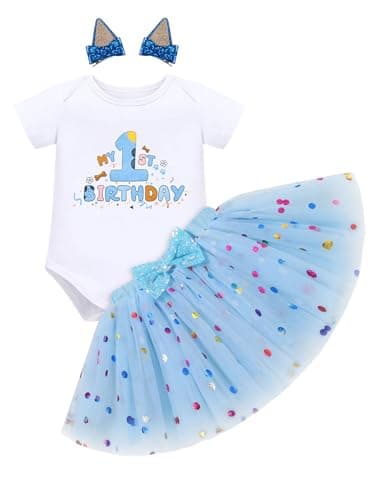 IMEKIS Baby Girl Half 1st 2nd Birthday Outfit Romper Confetti Tutu Skirt Dog Ears Hair Clips for Cake Smash Photo Shoot