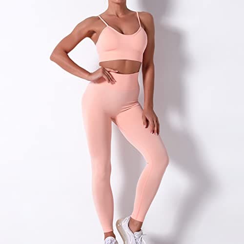 Fartey High-Waist Seamless Leggings Matching Backless Strappy Sports Bras Yoga Running Set