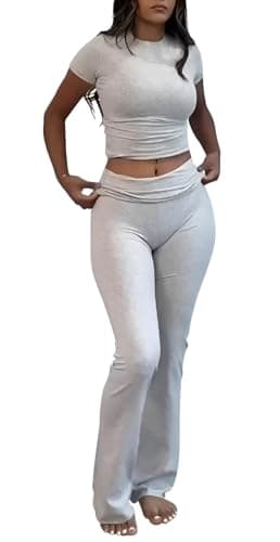 ZFLM Casual Women's Workout Two-Piece Sets - High Waist Crop Top & Flare Pants