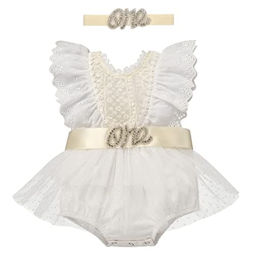 IMEKIS Baby 1st Birthday Photograph Props Boho Lace Romper + Headband + Sash Belt Set