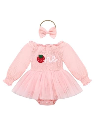IDOPIP Strawberry Butterfly 1st Birthday Smocked Romper & Tutu Dress