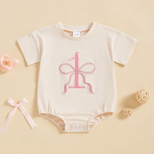 CREAIRY Baby Girl 1st Birthday Bow Bubble Romper Shorts Sleeve Jumpsuit Summer Clothes
