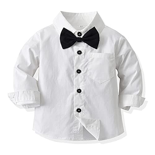 IDOPIP Toddler Boys' 1st Christmas Outfit Striped Shirt + Bowtie & Long Suspender Pants