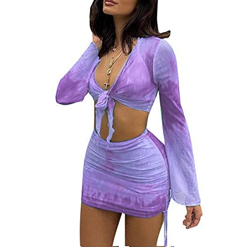 SHESEEWORLD Women's Sexy Long Sleeve Ruched Crop Top & Sheer Mini Skirt Sets
