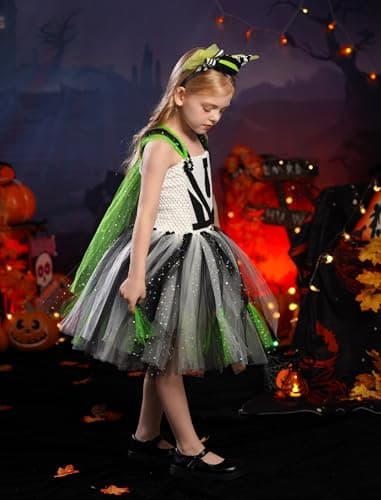 Girls Halloween Costume Black and White Striped Tulle Dress Set - Ages 2-12