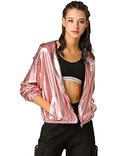 Holographic Shimmer Zipper Hooded Metallic Jacket for Women