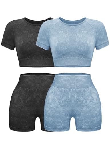 OLCHEE Women's Acid Wash Yoga Shorts & Crop Top Gym Outfit Set