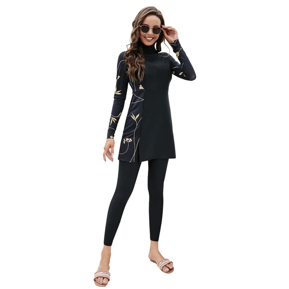 IMEKIS Women's Modest Burkini Swimwear Long Sleeve Print Swim Top Pants