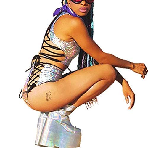 Women's Rave Holographic Bodysuit Set in Metallic Silver for Dance Parties and Festivals