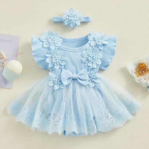 IMEKIS Newborn Girl 1st Birthday Romper Ruffle Sleeve Dress