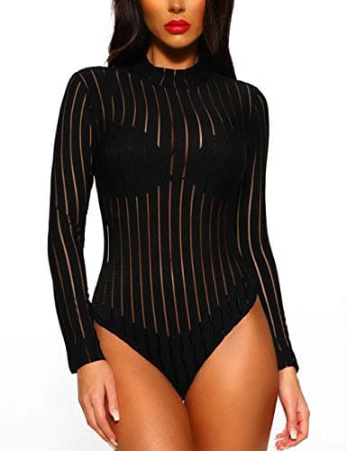 Sheer Mesh Turtleneck Bodysuit for Ladies