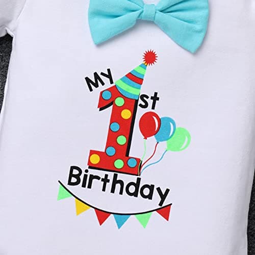Baby Boy First Birthday Outfit with Bunting Flag Bow Tie Bodysuit Shorts Suspenders