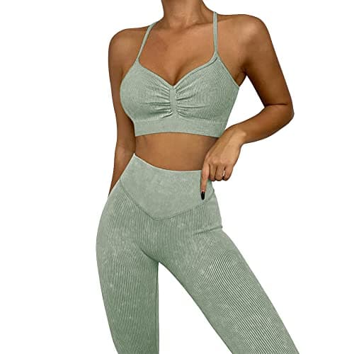 ABOCIW Women's Ribbed Seamless High Waist Scrunch Leggings with Sport Bra