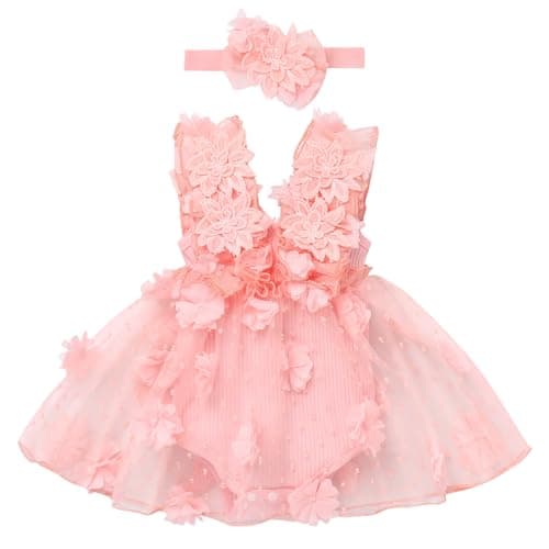 Newborn Baby Girl 1st Birthday Lace Tulle Romper Dress with Floral Headband