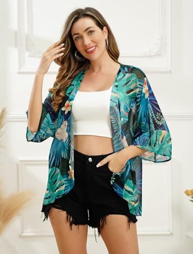 IMEKIS Women's Floral Printed Chiffon Half Sleeve Kimono Cardigan