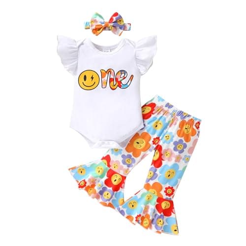 YOUNGER TREE Baby Girl 1st Birthday Outfit: Romper & Flared Pants