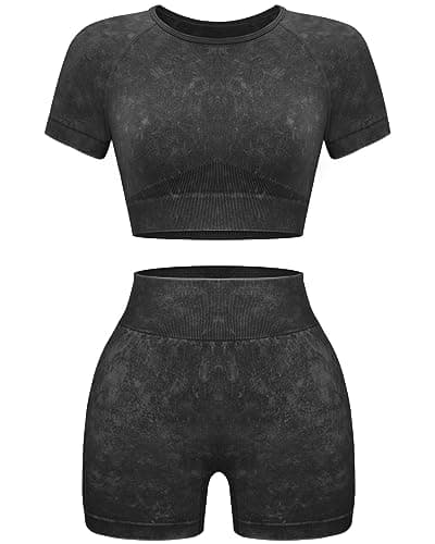 OLCHEE Women's Acid Wash Yoga Shorts & Crop Top Gym Outfit Set