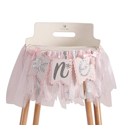 LINLULU Winter Onederland 1st Birthday Snowflake Banner, Silver Glitter & Pink Tulle