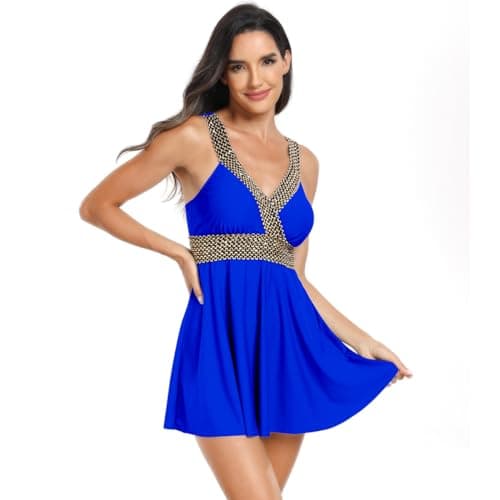 IMEKIS Women's Contrast Tape Tummy Control Swimdress with Shorts