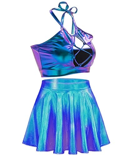 Women's Rave Outfit Sets - Metallic Tops & Long Skirt