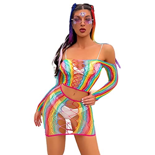 Rainbow Rave Outfit Fishnet Dress - Women's Music Festival Costume