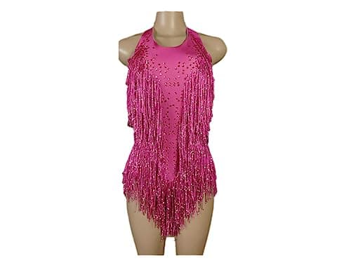HEYDHSDC Sparkly Crystals Fringe Bodysuit Dance Costume