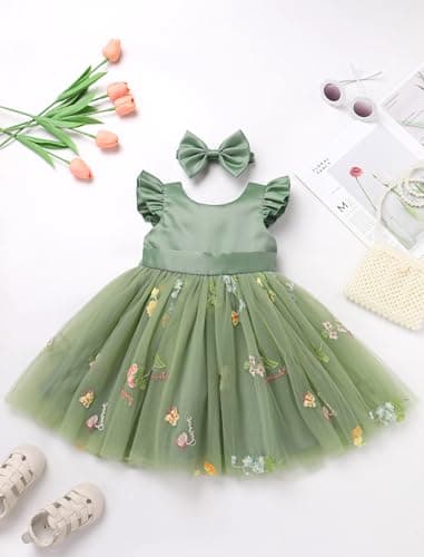 IMEKIS Toddler Girls Satin Tulle Dress with Headband Embroidery