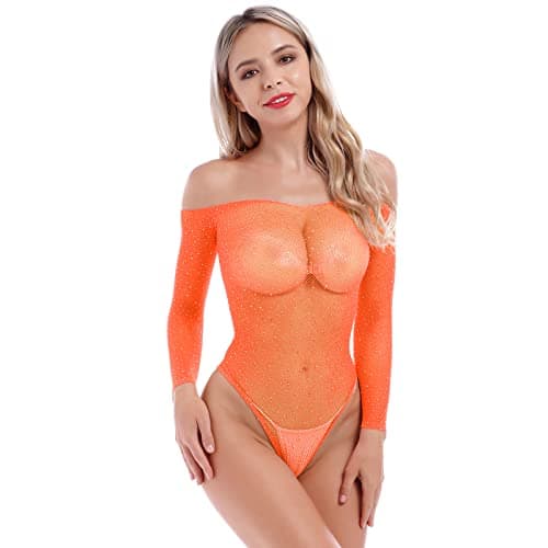 Sparkling Rhinestone Teddy Fishnet Bodysuit with Off Shoulder Design