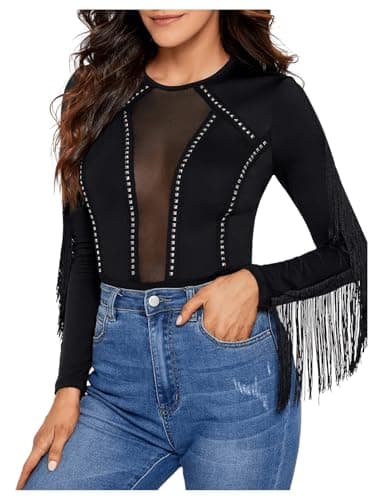 SweatyRocks Women's Sheer Mesh Cowgirl Bodysuit with Fringe Long Sleeves