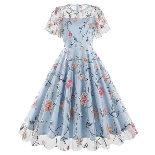 IMEKIS Women's Elegant Retro 1950s Short Flare Sleeve Swing Party Dress
