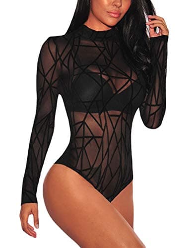 Sheer Mesh Long Sleeve Bodysuit for Women