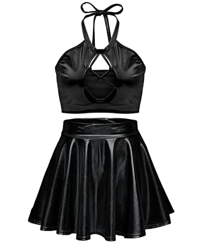 Women's Rave Outfit Sets - Metallic Tops & Long Skirt