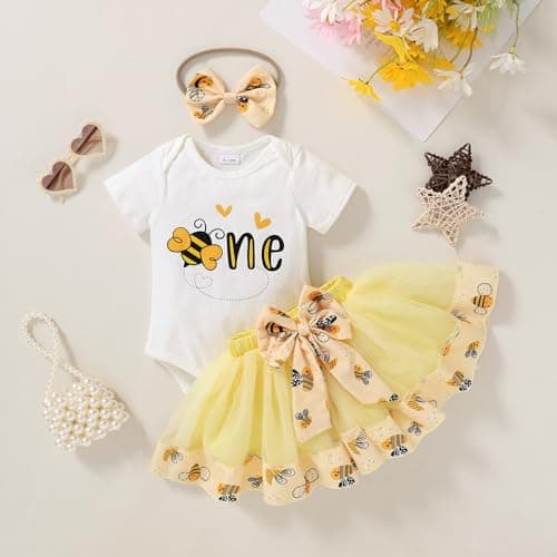 HAPPYMA Bee Sunflower Romper Tulle Tutu 1st Birthday Outfit
