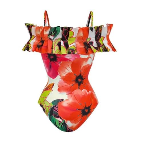 IMEKIS Women's Floral Print 2-Piece Swimsuit Set with Ruffle Cover-Up