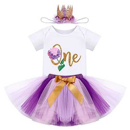 IBTOM CASTLE Baby Girl 1st Birthday Floral Lace Romper & Tutu Set+Crown Photo Clothes