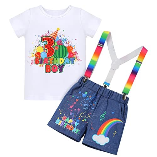 Toddler Boys Birthday Outfit with Melon Print: Romper Top, Jeans Shorts, and Suspenders