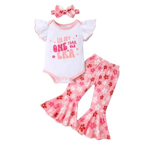 YOUNGER TREE Baby Girl 1st Birthday Outfit: Romper & Flared Pants