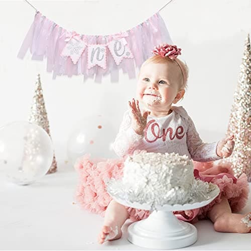 LINLULU Winter Onederland 1st Birthday Snowflake Banner, Silver Glitter & Pink Tulle