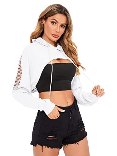 Verdusa Sheer Fishnet Drop Shoulder Hoodie Crop Sweatshirt
