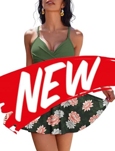 AI'MAGE Women's V-Neck One Piece Swim Dress with Tie Back Skirt