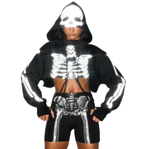 Goth Skeleton Hoodie Crop Top with Iron Chain for Halloween Festival