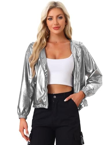 Holographic Shimmer Zipper Hooded Metallic Jacket for Women