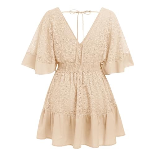 IMEKIS Women Lace V Neck Batwing Sleeve Tie Back A-line Party Dress