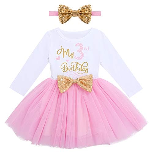 ODASDO My 1st / 2nd / 3rd Birthday Toddler Long Sleeve Tutu Dress & Bowknot Headband Set