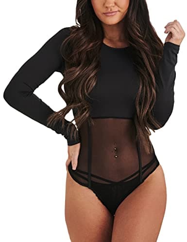 Sheer Mesh Turtleneck Bodysuit for Ladies