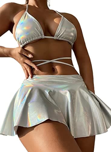 EVELUST Rave Outfits for Women - Metallic Holographic Strappy Bikini Top Bottom Beach Skirt