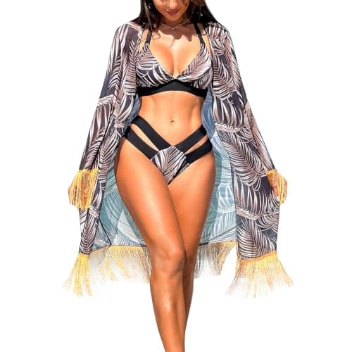 IMEKIS Women's Floral Print 3-Piece Swimsuit Set with Coverup
