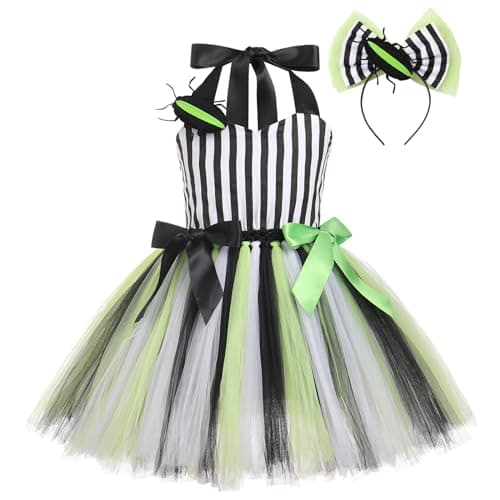 Girls Halloween Costume Black and White Striped Tulle Dress Set - Ages 2-12