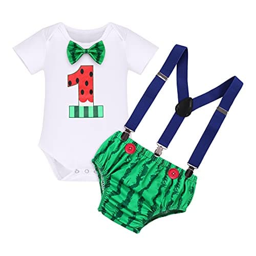 IMEKIS Baby Boys 1st & 2nd Birthday Cake Smash Outfit Romper Shorts Suspenders 1-2T