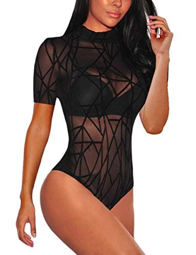 Sheer Mesh Turtleneck Bodysuit for Ladies